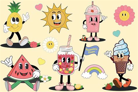 Set Of Summer Groovy Cute Food And Drinks Characters Retro Stickers