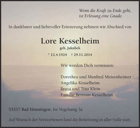 Traueranzeigen Von Lore Kesselheim Rz Trauer De