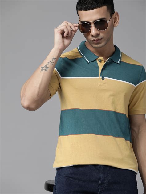 The Roadster Lifestyle Co Men Teal Blue And Khaki Pure Cotton Striped