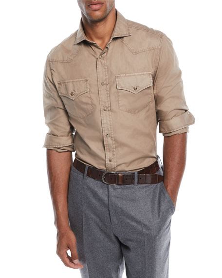 Brunello Cucinelli Men's Western-Style Oxford Shirt | Neiman Marcus