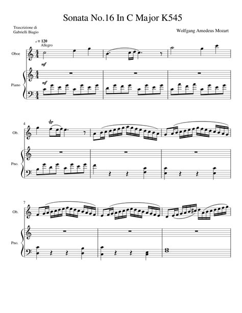 Sonata No 16 In C Major K545 Mozart Sheet Music For Piano Oboe Solo