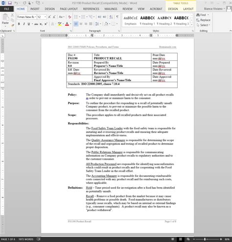 Food Product Recall Procedure Template
