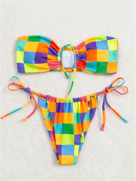 Shein Swim Vcay Colorful Checkered Bikini Set Bandeau Bra Thong