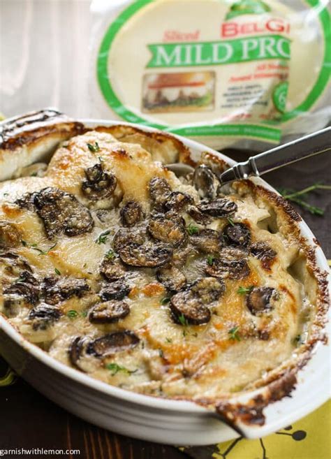 Provolone Mushroom And Potato Gratin Recipe Garnish With Lemon