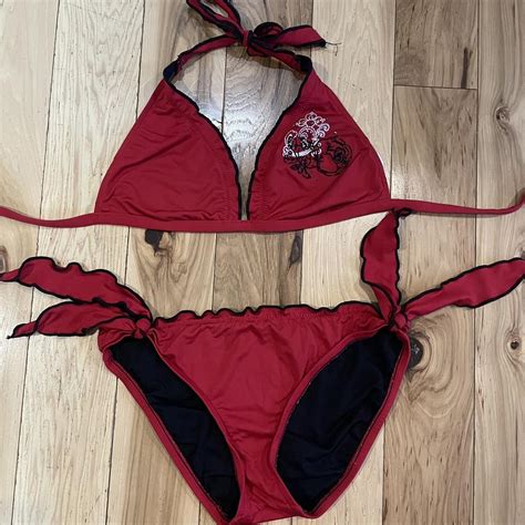 Y K Red Bikini Embroidered Rose Design On Chest And Depop