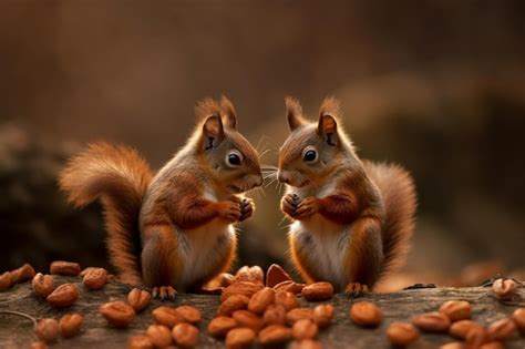 Premium AI Image | Two squirrels eating nuts and one is looking at the ...