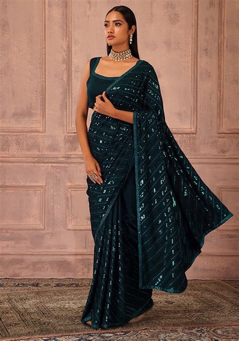 Buy Women Teal Blue Tonal Sequin Embroidered Saree Set With Stitched