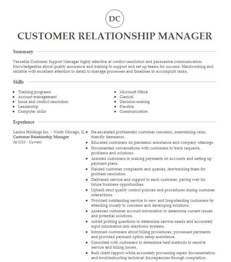 Customer Relationship Manager Resume Example