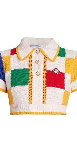 Casablanca Womens Colorblocked Crochet Crop Polo Top