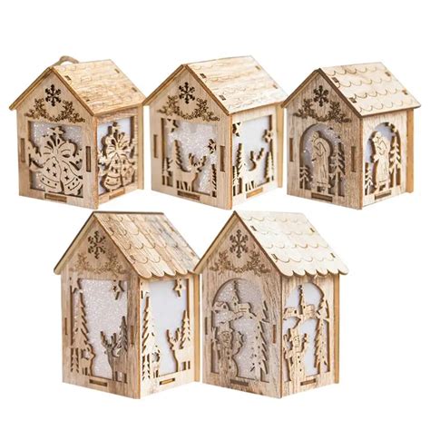 Christmas Decoration Small Wooden House Shape Ornament With LED Night