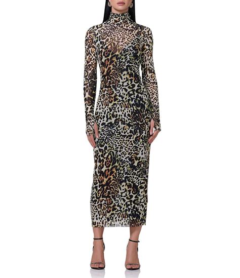 Afrm Shailene Animal Printed Mesh Turtleneck Long Sleeve Midi Dress