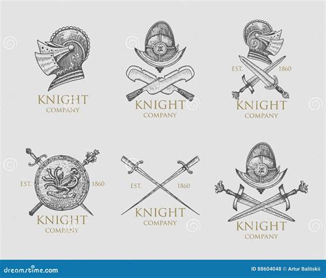 Set Of Monochrome Knights Emblems, Badges, Labels And Logos Medieval ...