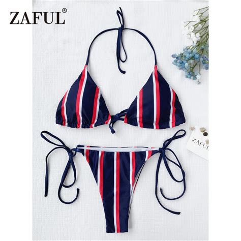 Zaful Women New Striped Halter String Bikini Set Sexy Low Waisted