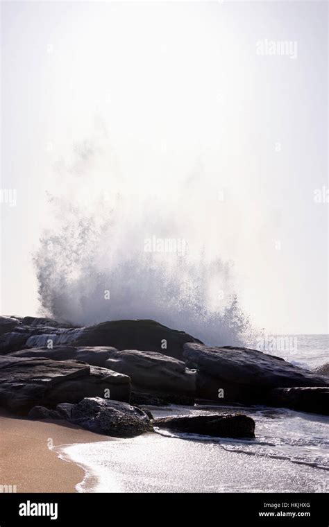 Big Waves Splashing At Rock Western Province Sri Lanka Stock Photo