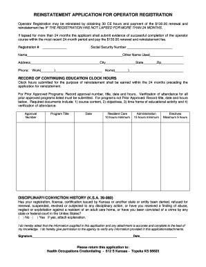 Fillable Online Reinstatement Application For Operator Registration Fax