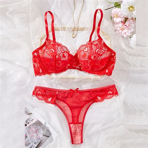 Sexy Lingerie Woman Ultrathin Heart Lace Underwear Red Hollow Bra And Panty Set Sexy Bras