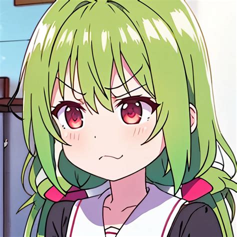 Anime Girl With Green Hair And Red Eyes In A Room Seaart Ai