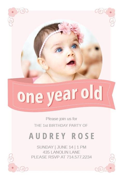 Pink Ribbon 1st Birthday Invitation Template Free Greetings Island Birthday Invitation