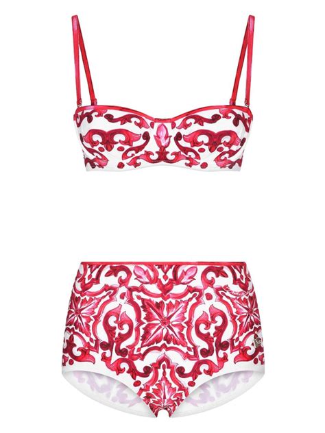Dolce Gabbana Majolica Print Balconette Bikini Top And Bottoms In Red Lyst