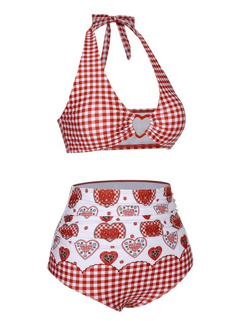 Red 1950s Halter Heart Plaids Swimsuit Retro Stage