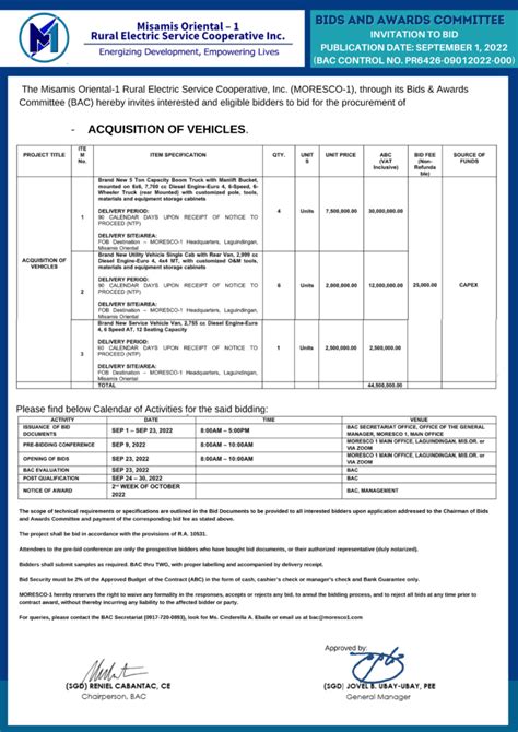 INVITATION TO BID ACQUISITION OF VEHICLES MORESCO 1