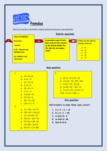 Pemdas Worksheet Teaching Resources