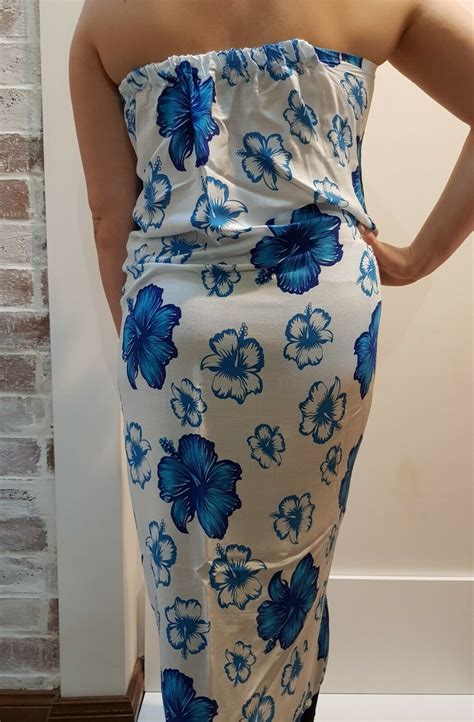 Mumu Sarong Hibiscus Blue Hawaiian Tube Dress Boho Beach Bali Sz S M L Xl 10 22 Tropical Scene