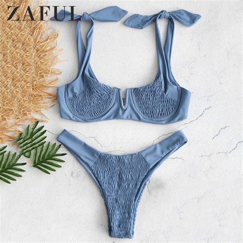 Zaful Smocked Tie Shoulder Bikini Set Shirred Underwire V Cut Swimsuit