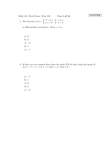 Math 101 Final Exam Term 133 Page 1 Of 14 Master 1 The