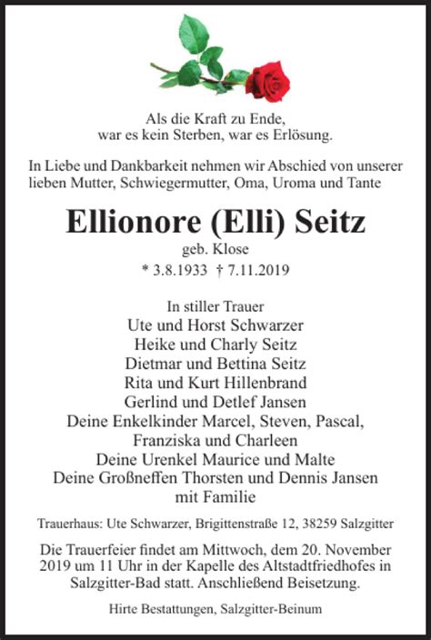 Traueranzeigen Von Ellionore Elli Seitz Trauer De