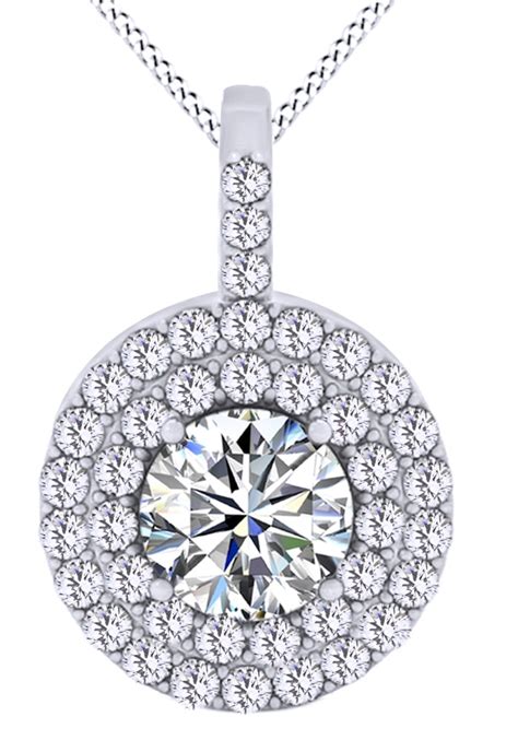 Round Shape White Cubic Zirconia Double Halo Circle Pendant Necklace In