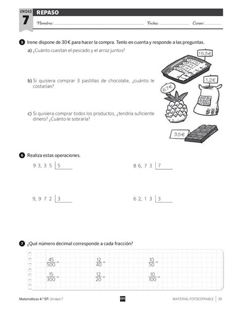 MatemÁticas 4º Primaria Sm Repaso Tema 7 Docsity