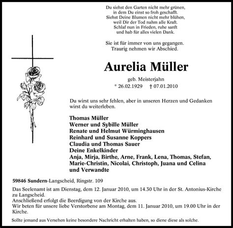 Traueranzeigen von Aurelia Müller Trauer in NRW de