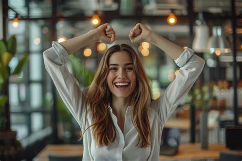 Happy Woman Raised Her Hands Up Celebrating Success Good Luck In Office