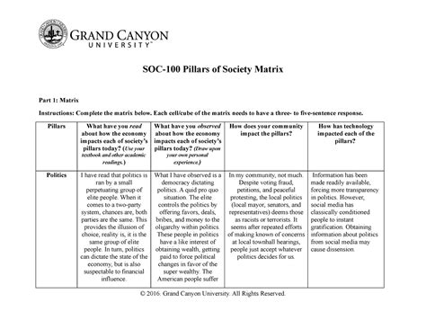 SOC 100 Pillars Of Society Matrix Essay SOC 100 Pillars Of Society