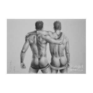 Original Charcoal Drawing Art Male Nude Gay Men On Paper 16 3 18 19