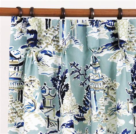 Goblet Pleat Panels Drapes Chinoiserie Pagoda Light Blue Navy Ivory