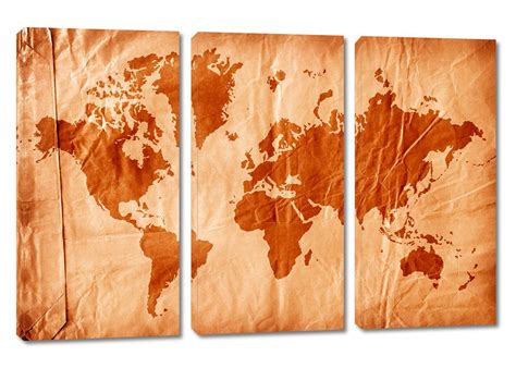 Vintage World Map Canvas Print Panel Split Triptych Wall Art