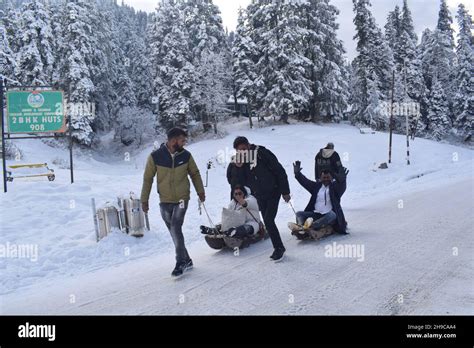 Indian Tourists Enjoy Sledge Ride At Snow Covered Ski Resort Gulmarg