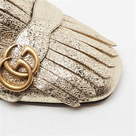 Gucci Metallic Gold Leather Marmont Kiltie Gg Fringe Mules Size 37 5