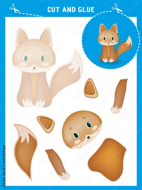 Cut and glue game for kids. Vector illustration of cute cartoon fox ...