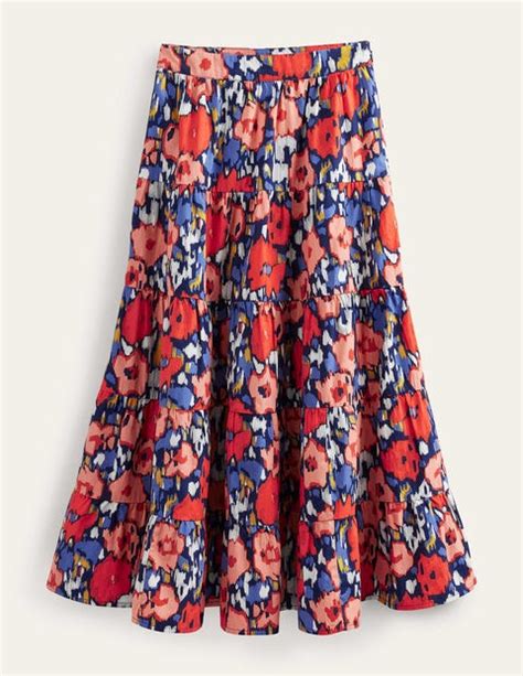 Tiered Poplin Midi Skirt Navy Abstract Poppy Large Boden Uk