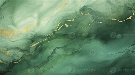 Green And Gold Watercolor Brushed Background With Cracked Marble