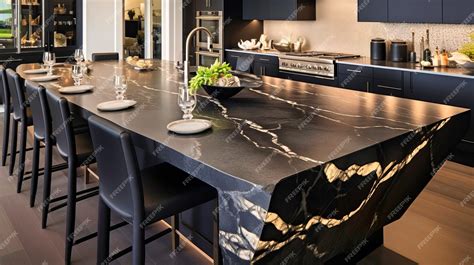 Premium AI Image | Black quartz kitchen island with waterfall edges