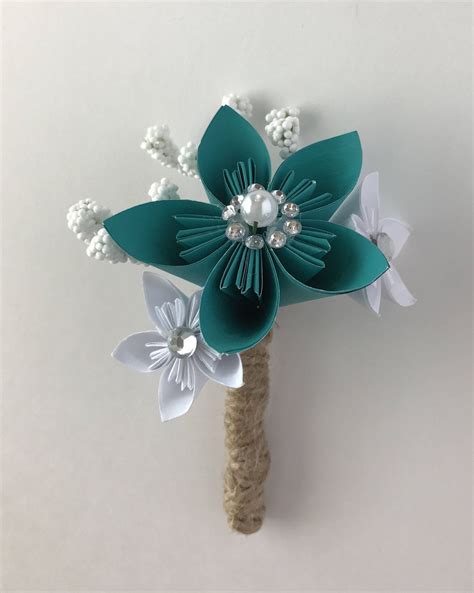 Origami Paper Flower Boutonniere Teal White Wedding Unique Groom