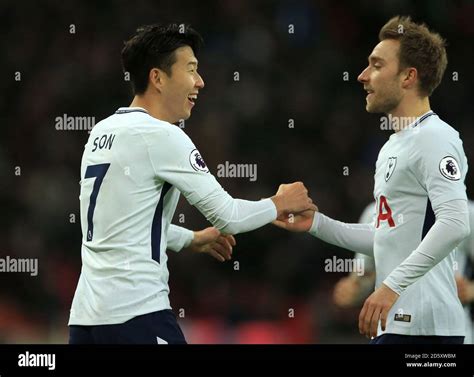 Tottenham Hotspurs Son Heung Min Left Celebrates Scoring His Sides