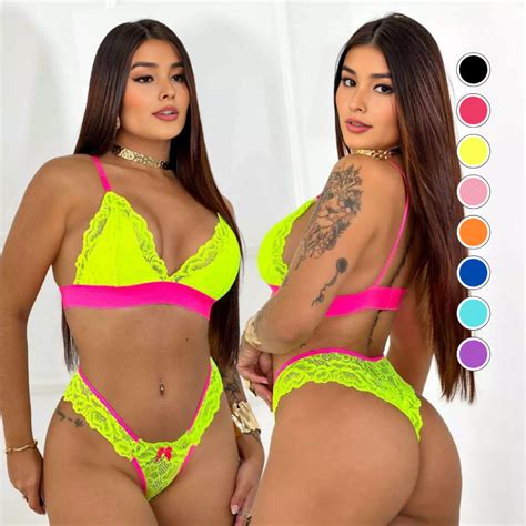 Conjunto Lingerie Renda Bicolor Sensual Neon Moda Conforto Sexy Feminino Sutiã sem Bojo e