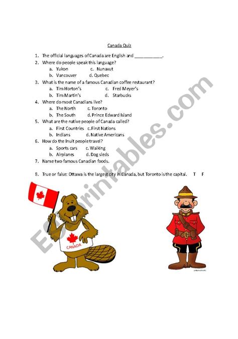 English Worksheets Canada Intro Quiz