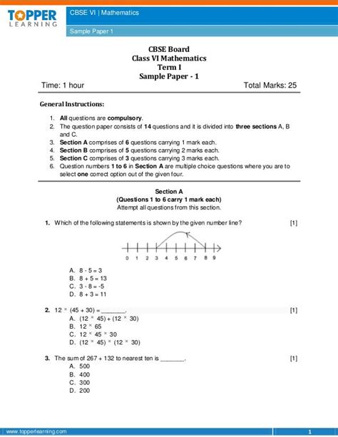 Cbse Sample Paper For Class 6 Maths Term 1 Question