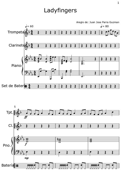 Ladyfingers Sheet Music For Trumpet Clarinet Piano Drum Set